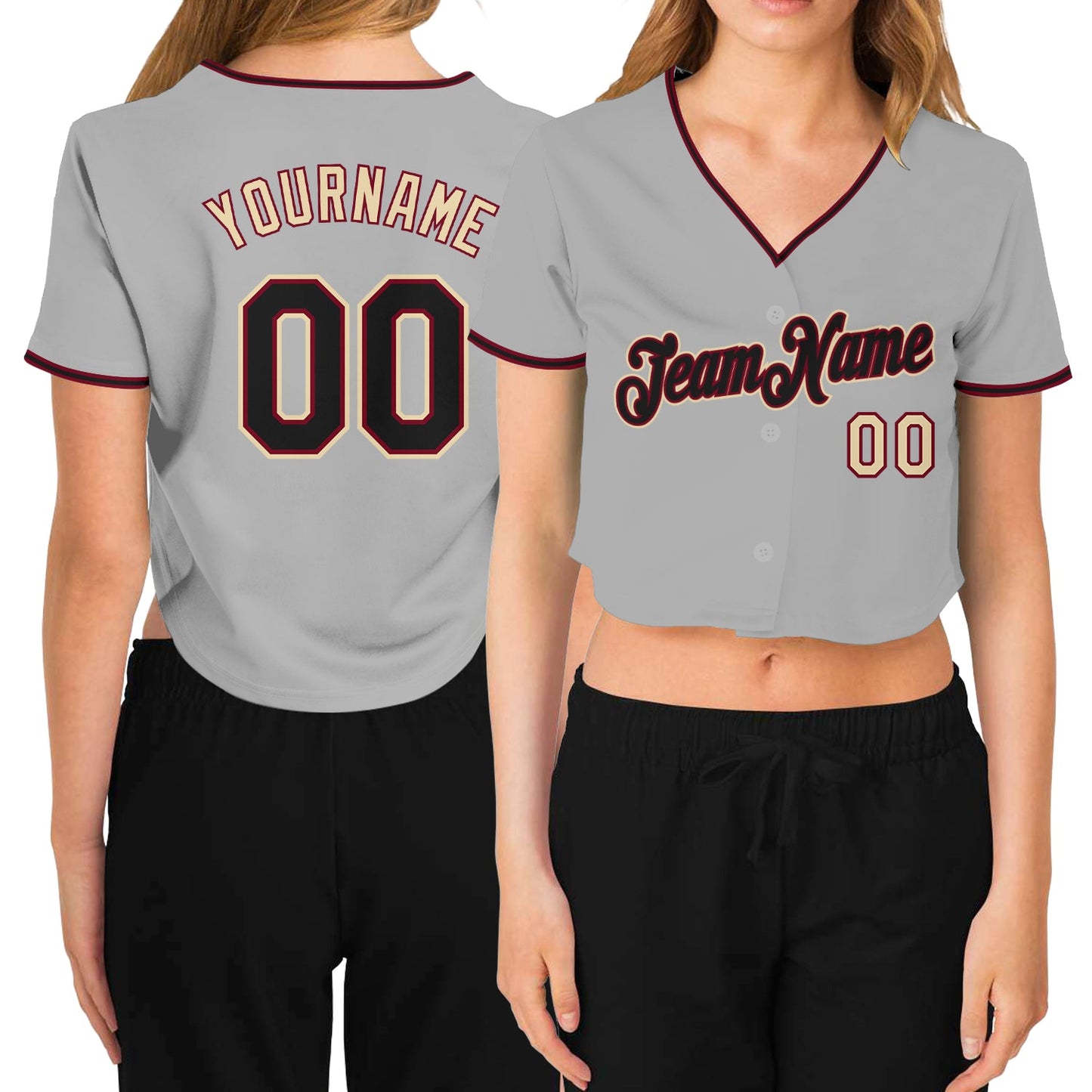 Custom Women's Gray Black Crimson-Cream V-Neck Cropped Baseball Jersey - Sky-Custom