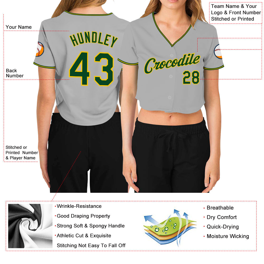 Custom Women's Gray Green-Gold V-Neck Cropped Baseball Jersey - Sky-Custom