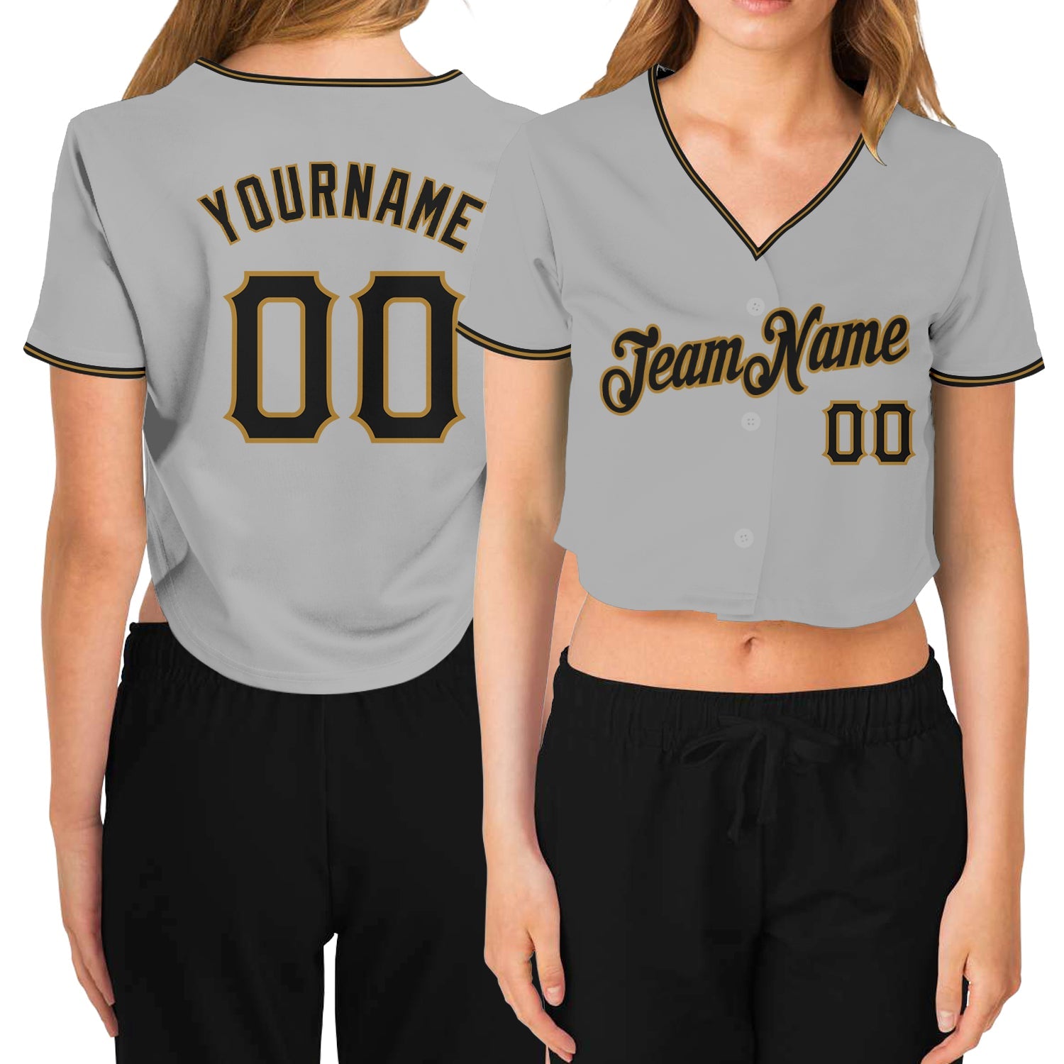 Custom Women's Gray Black-Old Gold V-Neck Cropped Baseball Jersey - Sky-Custom
