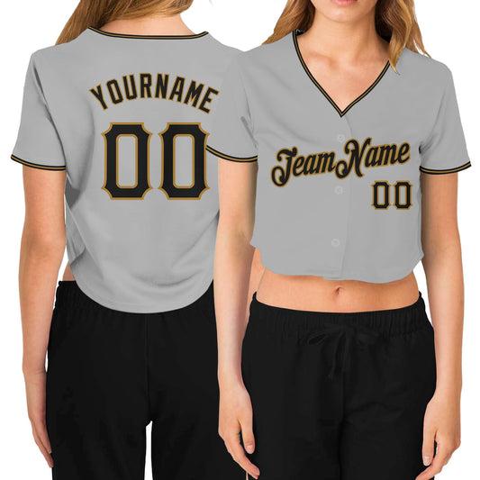 Custom Women's Gray Black-Old Gold V-Neck Cropped Baseball Jersey - Sky-Custom