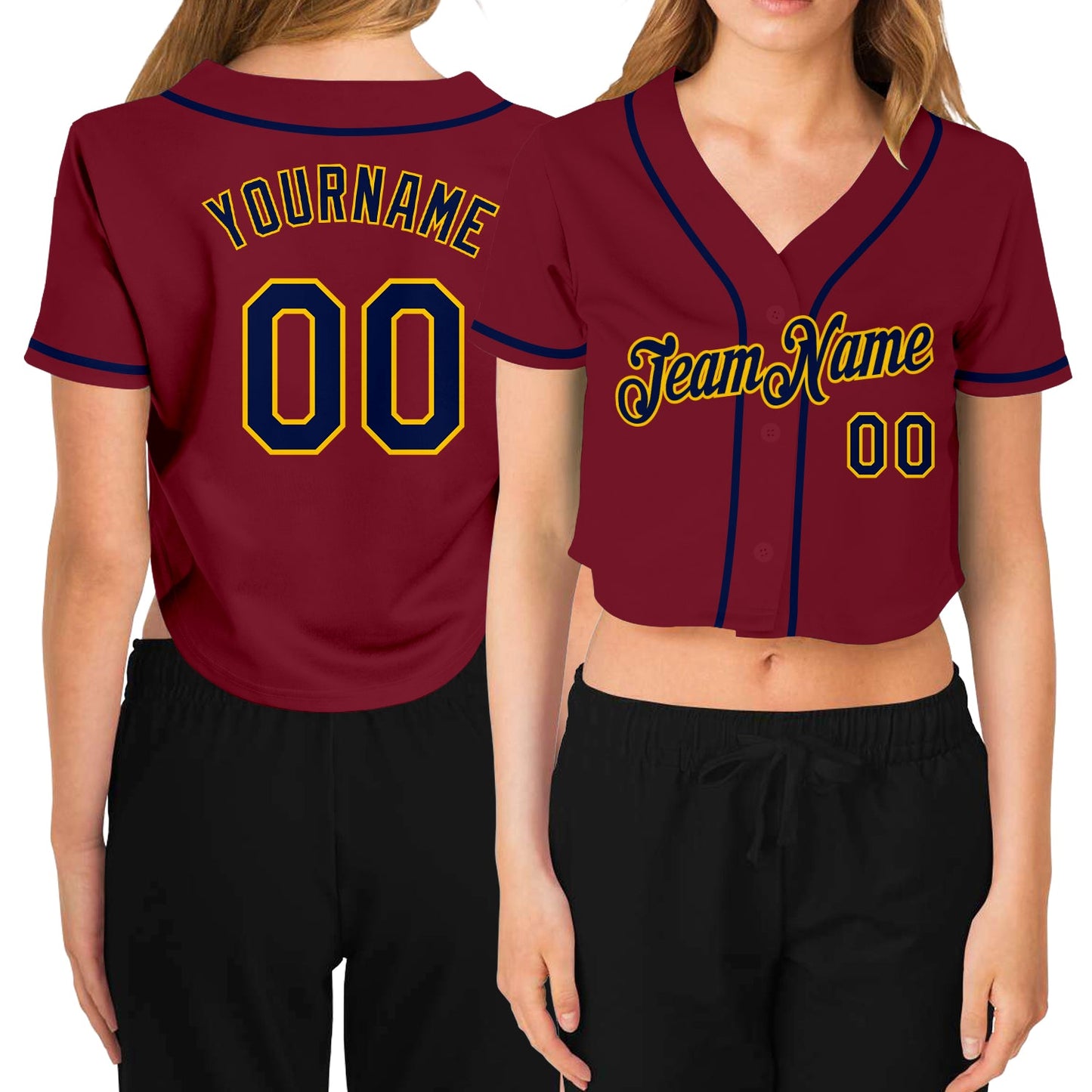 Custom Women's Crimson Navy-Gold V-Neck Cropped Baseball Jersey - Sky-Custom