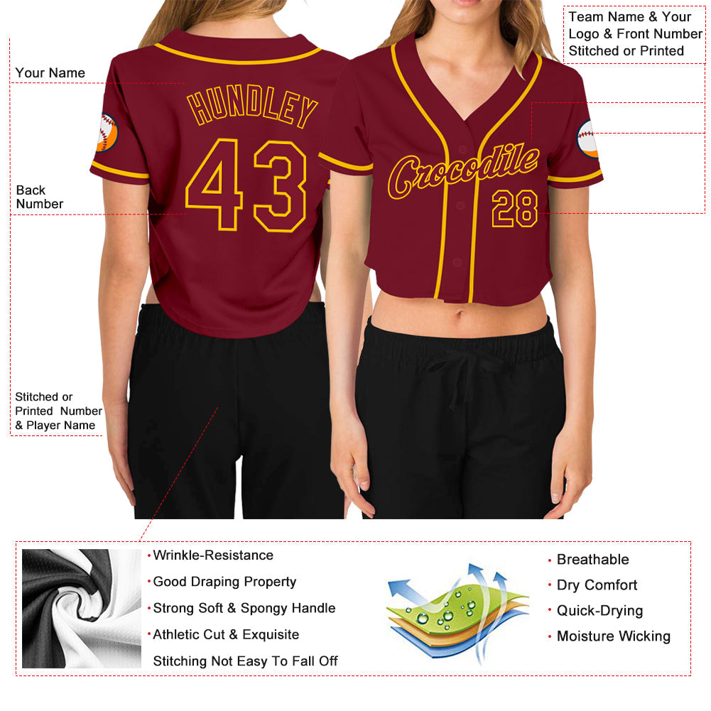 Custom Women's Crimson Crimson-Gold V-Neck Cropped Baseball Jersey - Sky-Custom