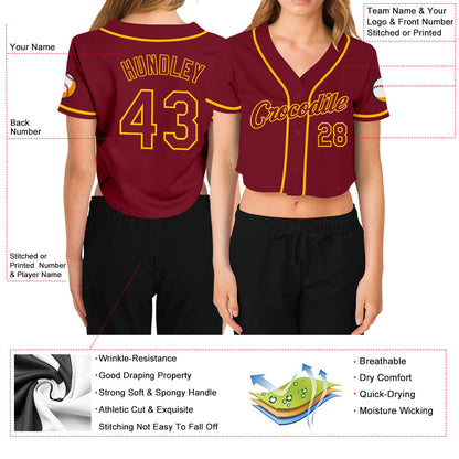 Custom Women's Crimson Crimson-Gold V-Neck Cropped Baseball Jersey - Sky-Custom