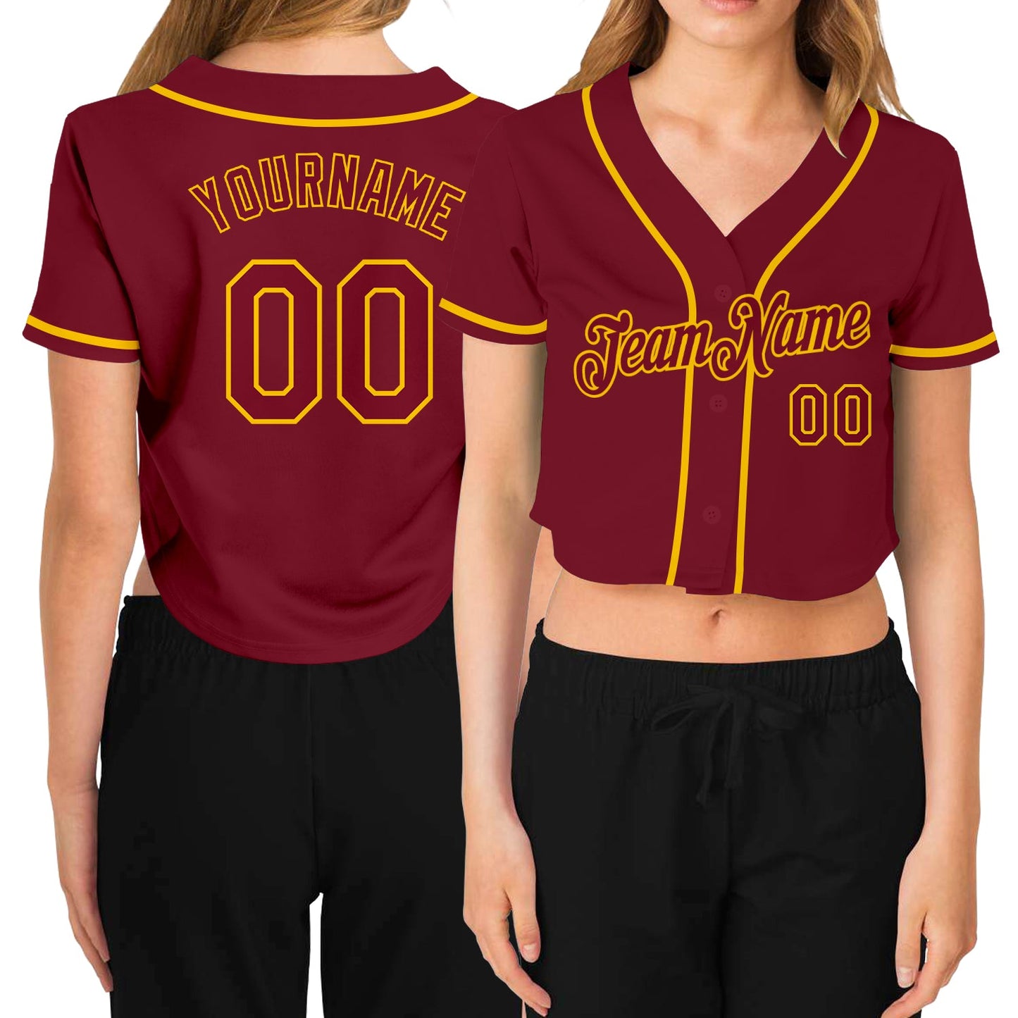 Custom Women's Crimson Crimson-Gold V-Neck Cropped Baseball Jersey - Sky-Custom