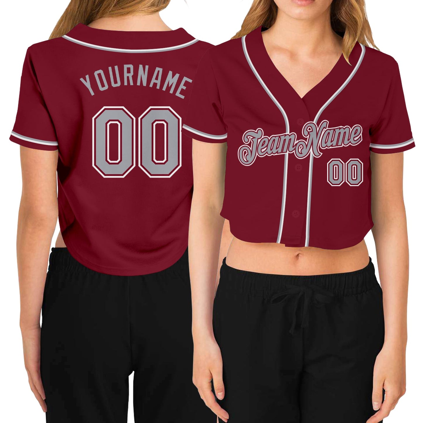 Custom Women's Crimson Gray-White V-Neck Cropped Baseball Jersey - Sky-Custom