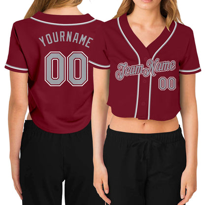 Custom Women's Crimson Gray-White V-Neck Cropped Baseball Jersey - Sky-Custom
