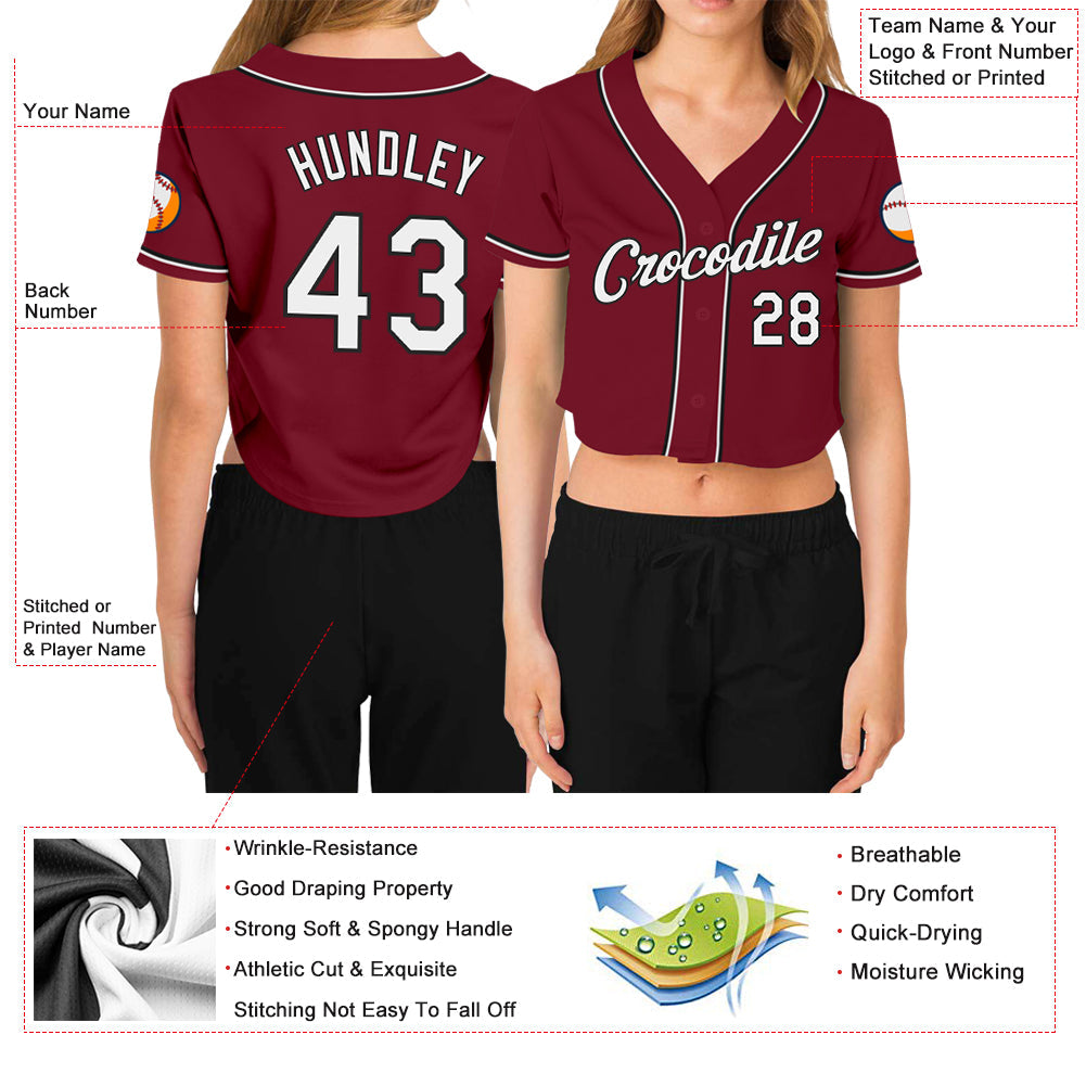 Custom Women's Crimson White-Black V-Neck Cropped Baseball Jersey - Sky-Custom