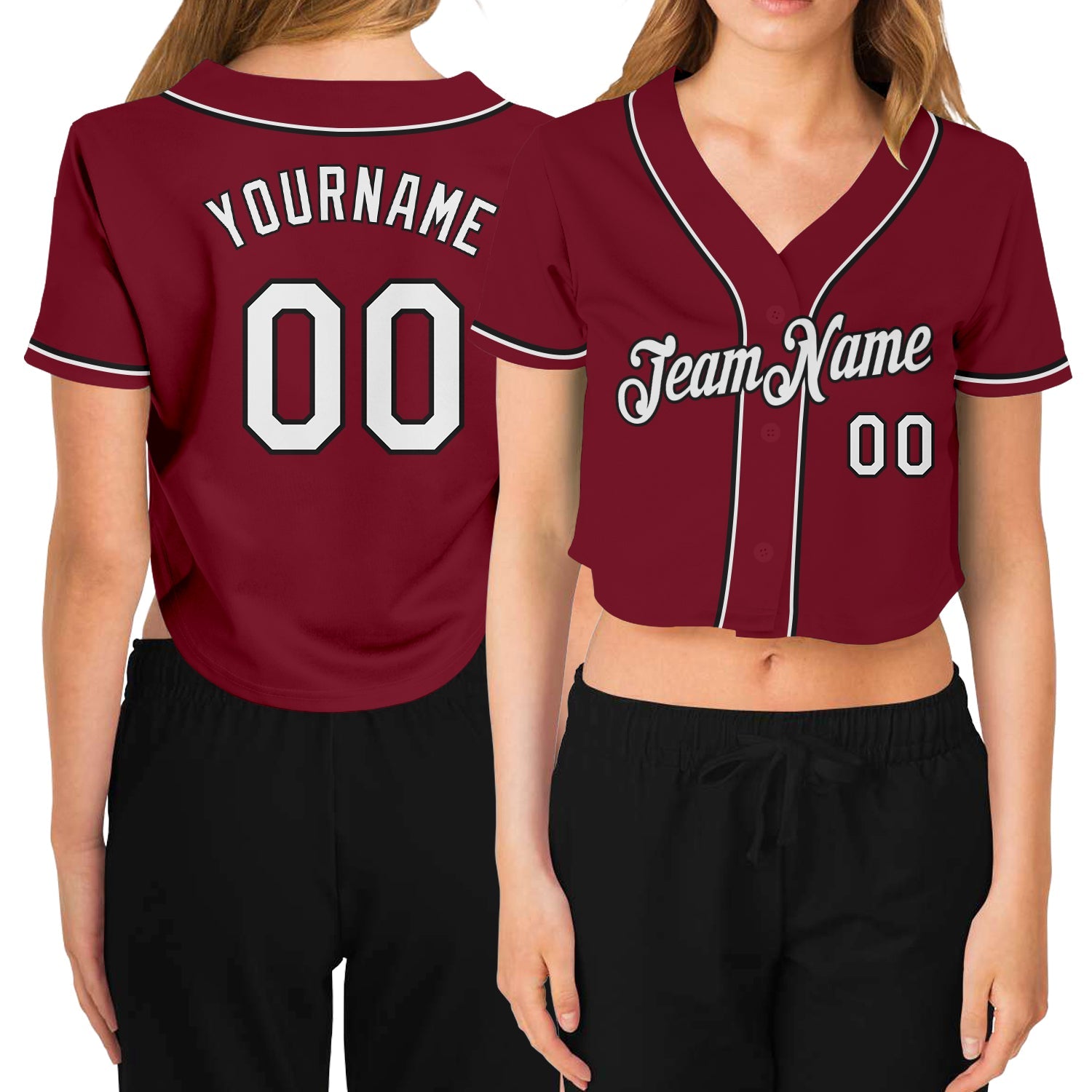 Custom Women's Crimson White-Black V-Neck Cropped Baseball Jersey - Sky-Custom