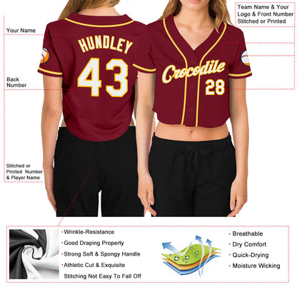 Custom Women's Crimson White-Gold V-Neck Cropped Baseball Jersey - Sky-Custom