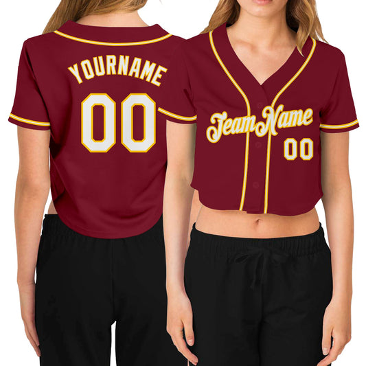 Custom Women's Crimson White-Gold V-Neck Cropped Baseball Jersey - Sky-Custom