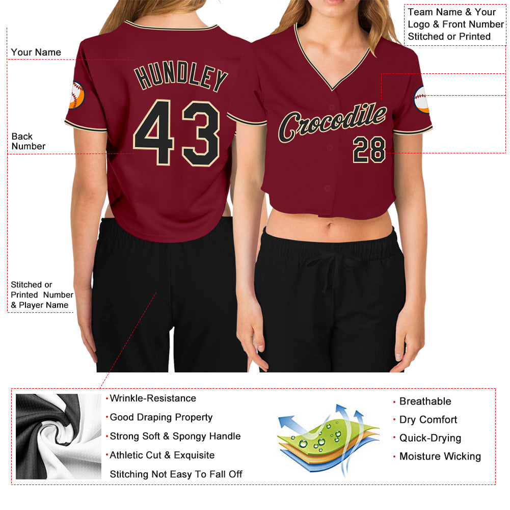Custom Women's Crimson Black-Cream V-Neck Cropped Baseball Jersey - Sky-Custom