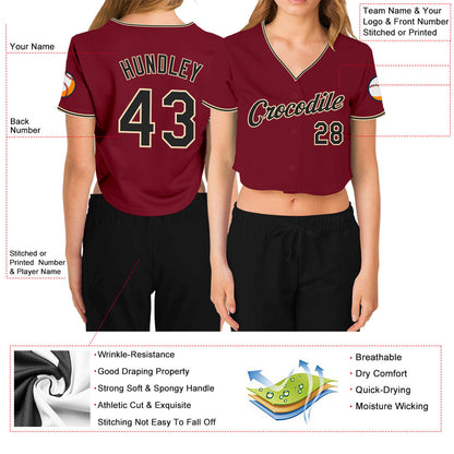 Custom Women's Crimson Black-Cream V-Neck Cropped Baseball Jersey - Sky-Custom