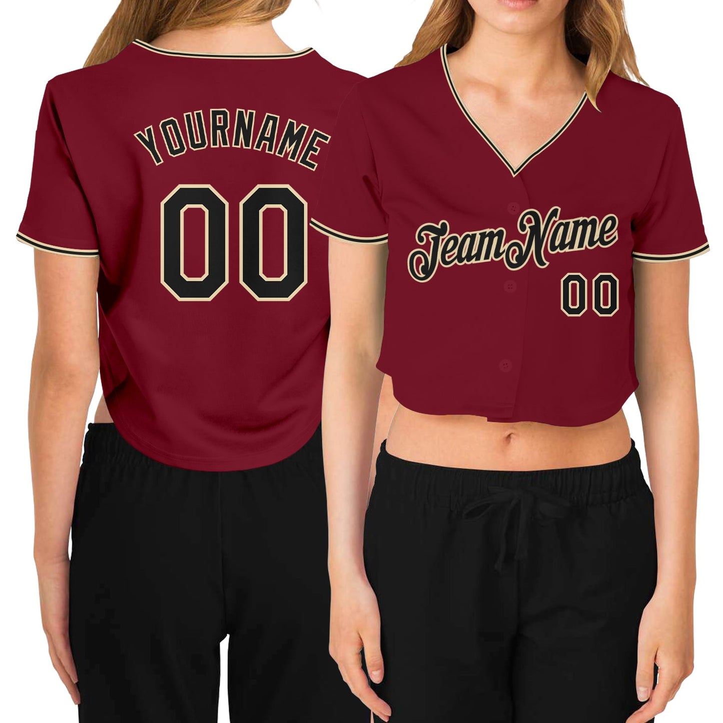 Custom Women's Crimson Black-Cream V-Neck Cropped Baseball Jersey - Sky-Custom