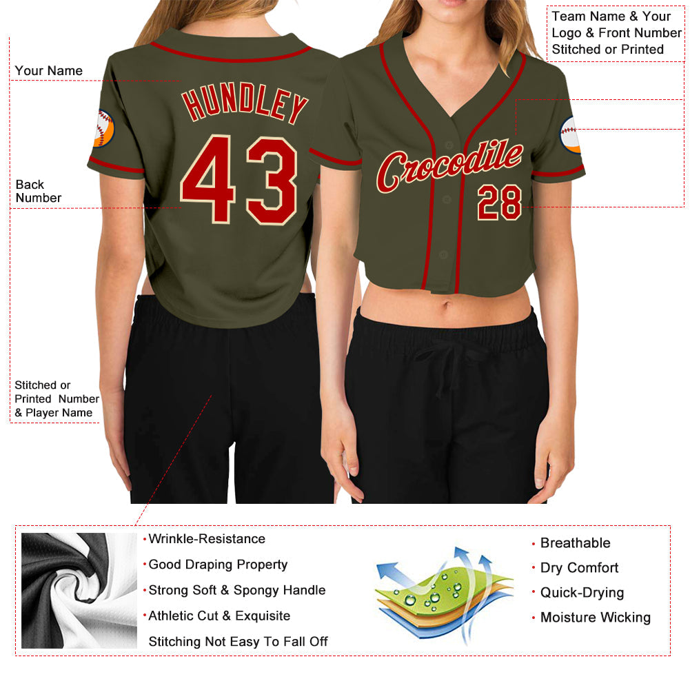 Custom Women's Olive Red-Cream Salute To Service V-Neck Cropped Baseball Jersey - Sky-Custom
