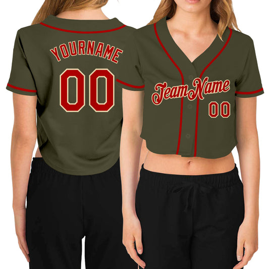 Custom Women's Olive Red-Cream Salute To Service V-Neck Cropped Baseball Jersey - Sky-Custom