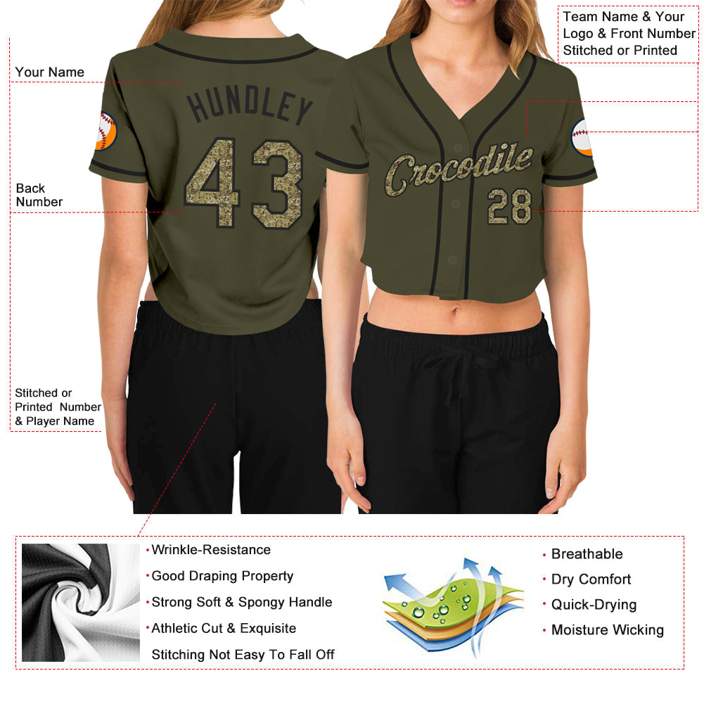 Custom Women's Olive Camo-Black Salute To Service V-Neck Cropped Baseball Jersey - Sky-Custom