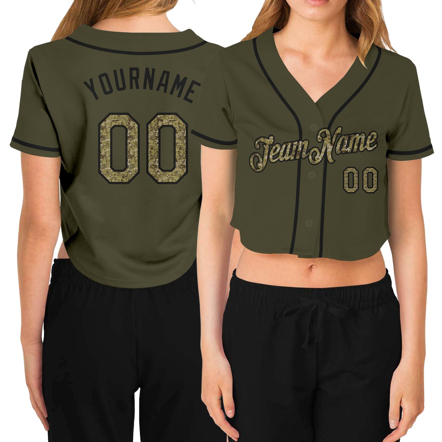 Custom Women's Olive Camo-Black Salute To Service V-Neck Cropped Baseball Jersey - Sky-Custom