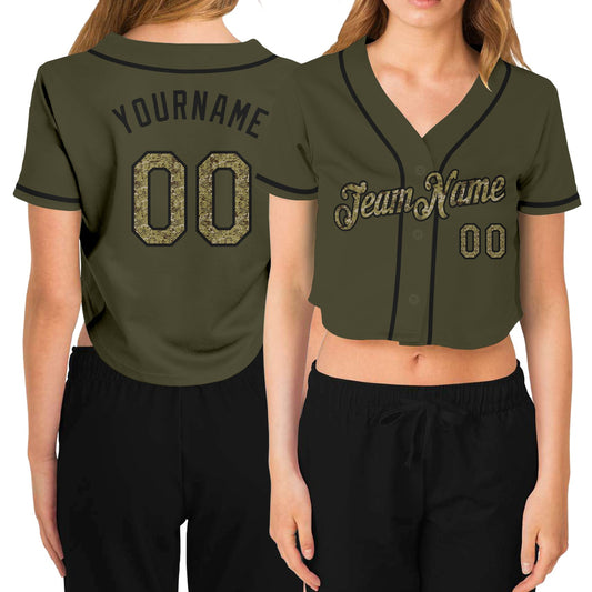 Custom Women's Olive Camo-Black Salute To Service V-Neck Cropped Baseball Jersey - Sky-Custom