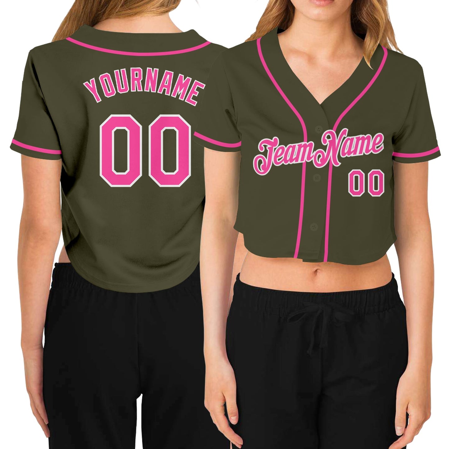 Custom Women's Olive Pink-White Salute To Service V-Neck Cropped Baseball Jersey - Sky-Custom