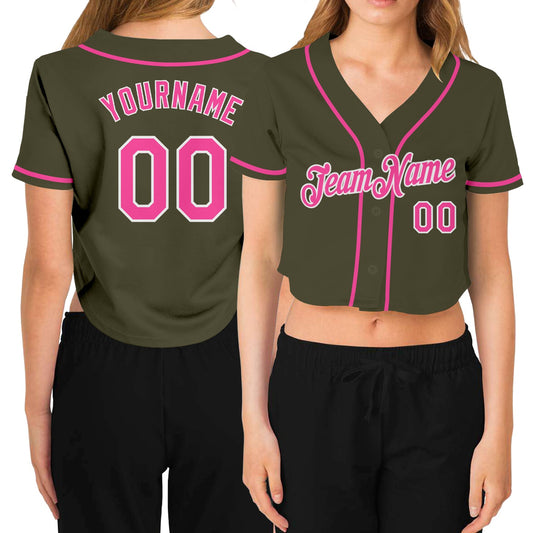Custom Women's Olive Pink-White Salute To Service V-Neck Cropped Baseball Jersey - Sky-Custom