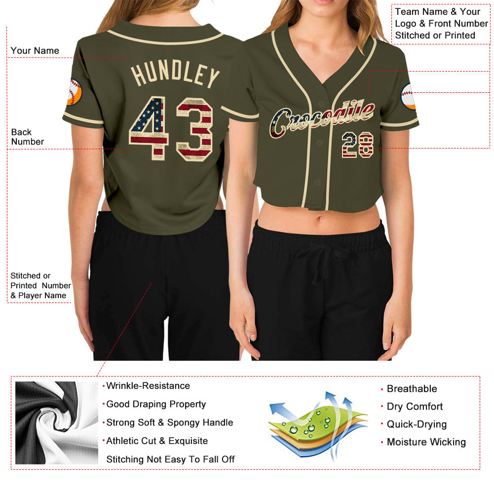 Custom Women's Olive Vintage USA Flag-Cream Salute To Service V-Neck Cropped Baseball Jersey - Sky-Custom