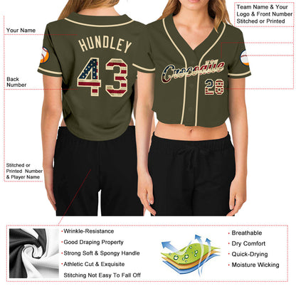 Custom Women's Olive Vintage USA Flag-Cream Salute To Service V-Neck Cropped Baseball Jersey - Sky-Custom