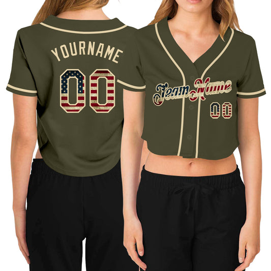 Custom Women's Olive Vintage USA Flag-Cream Salute To Service V-Neck Cropped Baseball Jersey - Sky-Custom