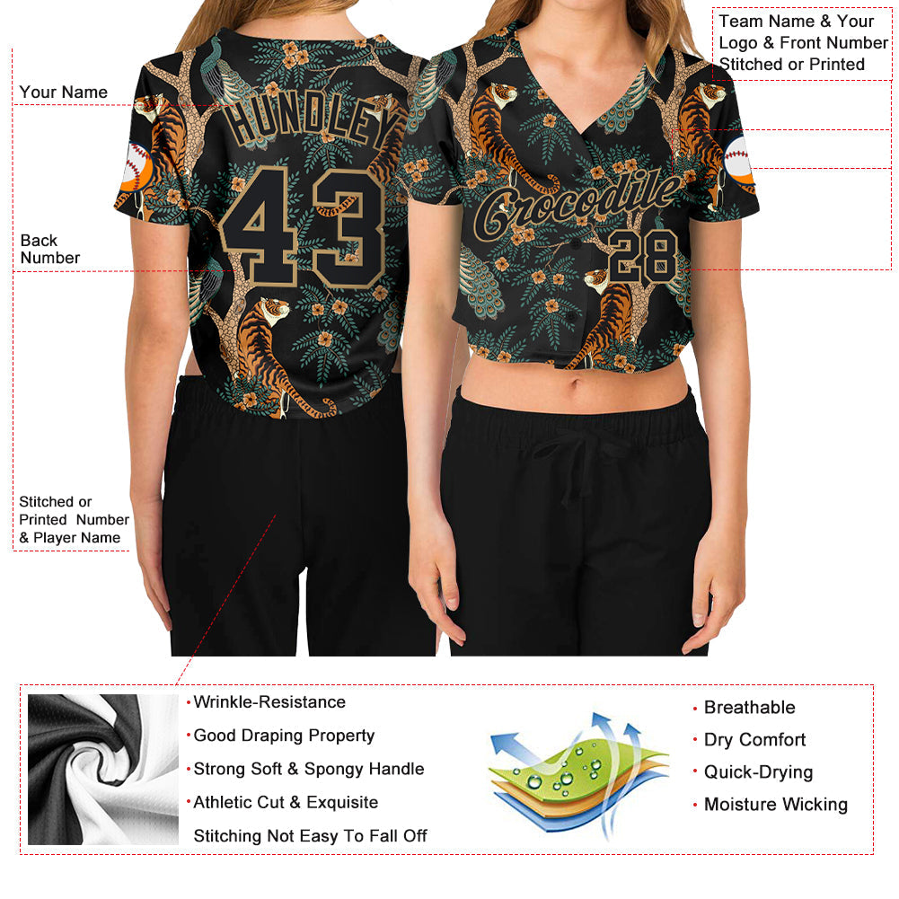 Custom Women's Black Black-Old Gold Tiger And Peacock 3D V-Neck Cropped Baseball Jersey - Sky-Custom