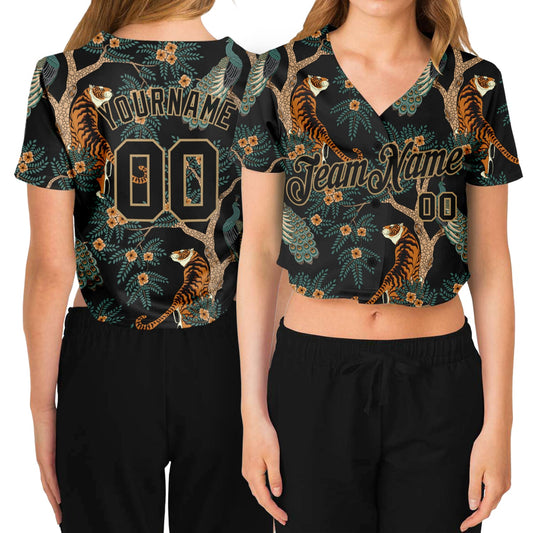 Custom Women's Black Black-Old Gold Tiger And Peacock 3D V-Neck Cropped Baseball Jersey - Sky-Custom