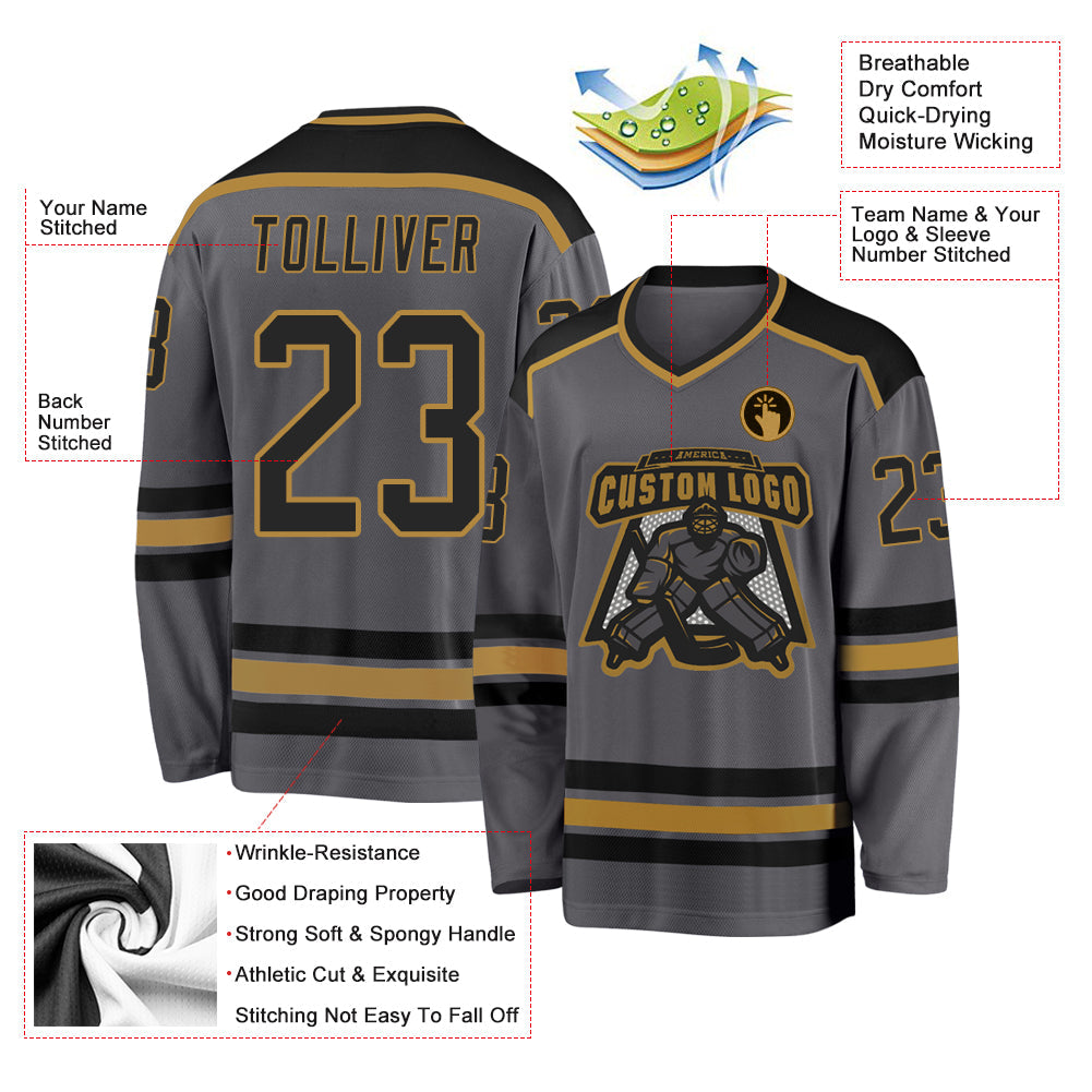 Custom Steel Gray Black-Old Gold Hockey Jersey - Sky-Custom