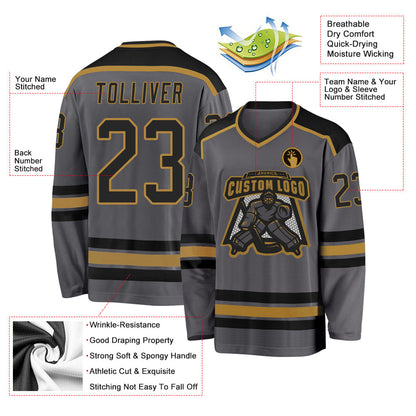 Custom Steel Gray Black-Old Gold Hockey Jersey - Sky-Custom