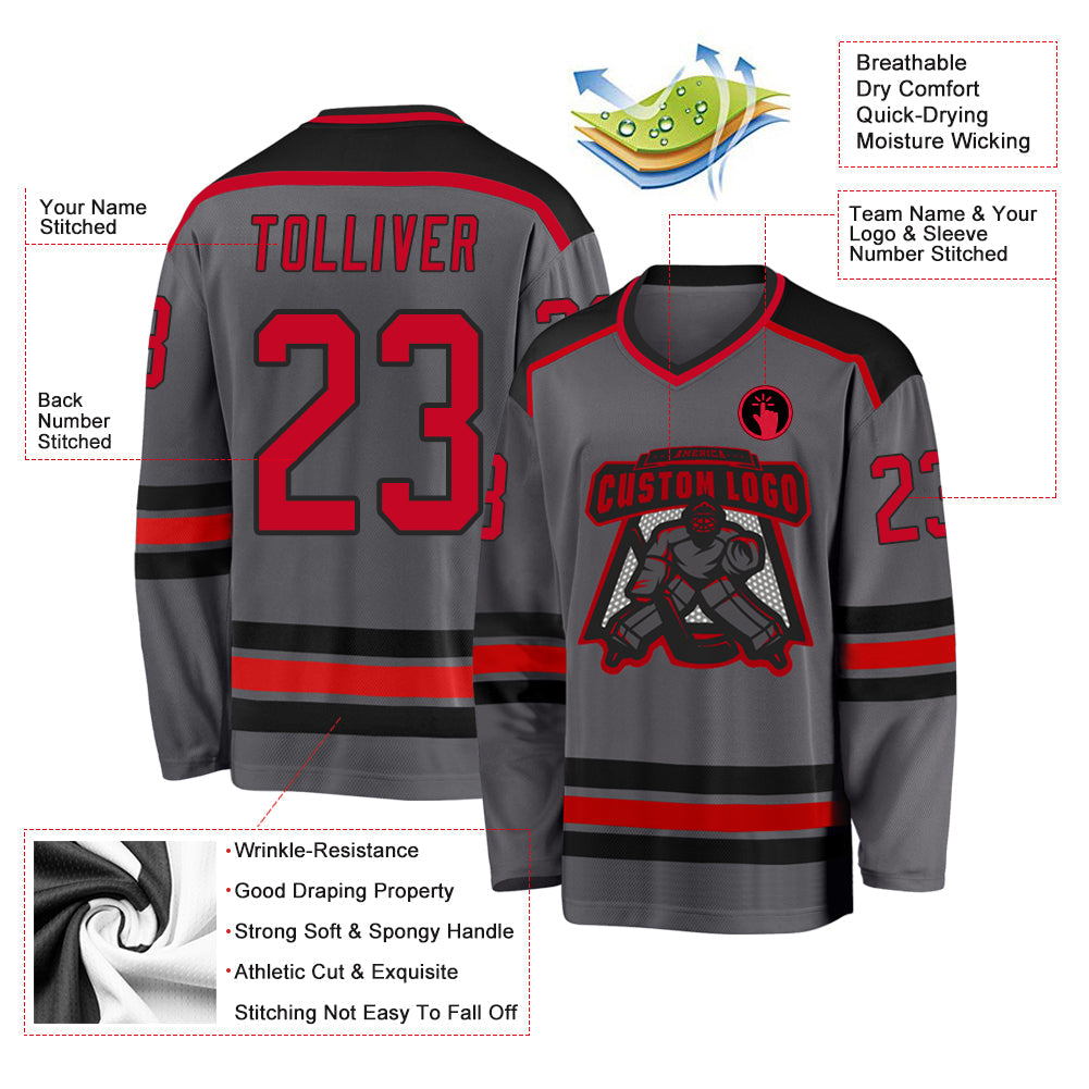 Custom Steel Gray Red-Black Hockey Jersey - Sky-Custom