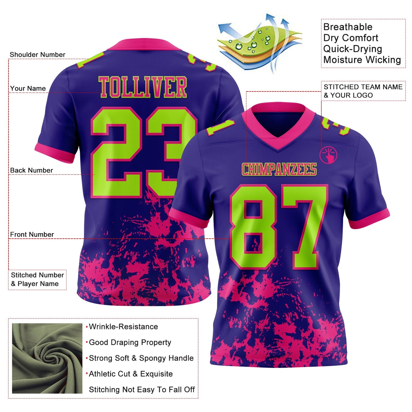 Custom Dark Purple Neon Green-Hot Pink Splash Mesh Authentic Football Jersey - Sky-Custom