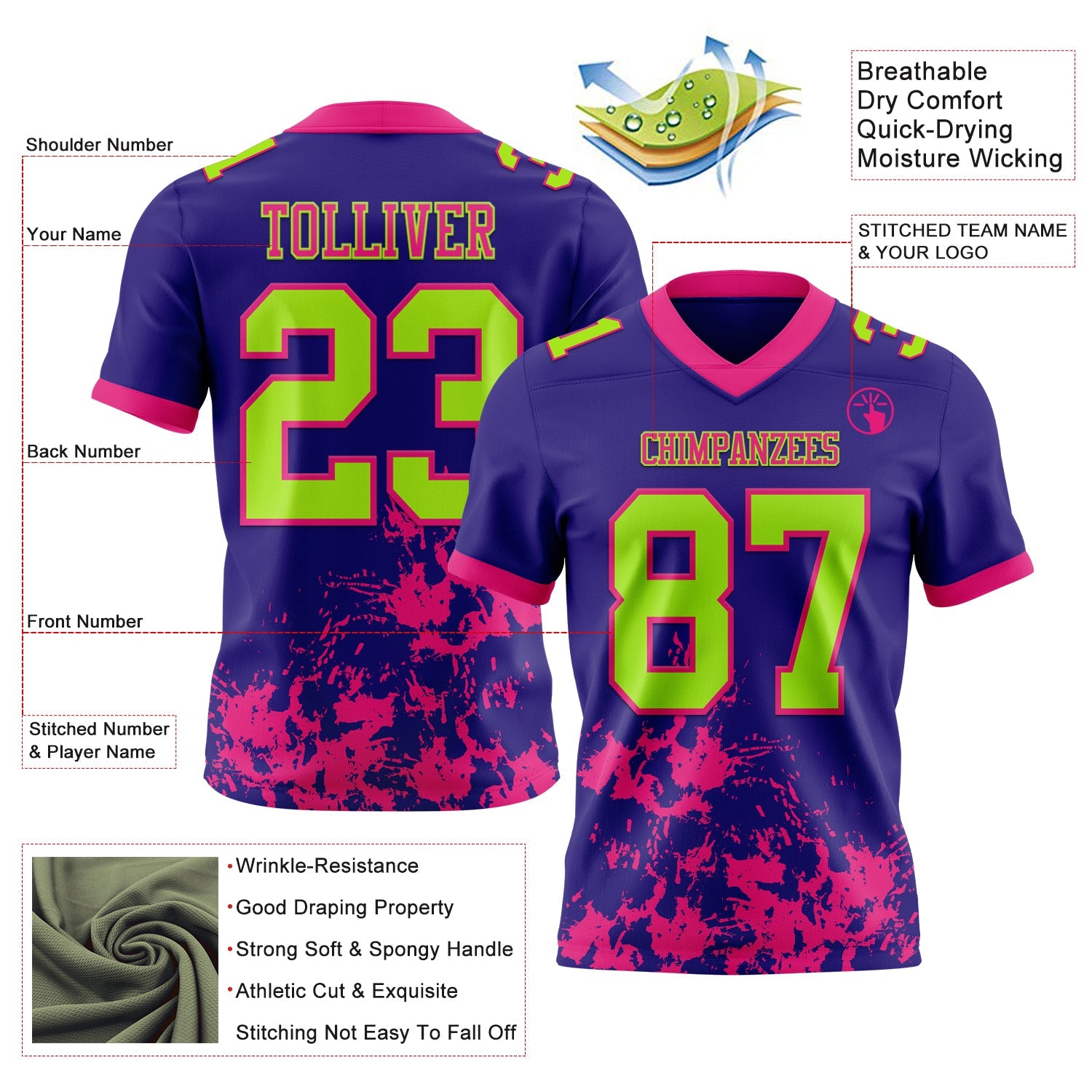 Custom Dark Purple Neon Green-Hot Pink Splash Mesh Authentic Football Jersey - Sky-Custom