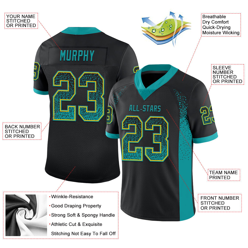 Custom Black Teal-Yellow Mesh Drift Fashion Football Jersey - Sky-Custom