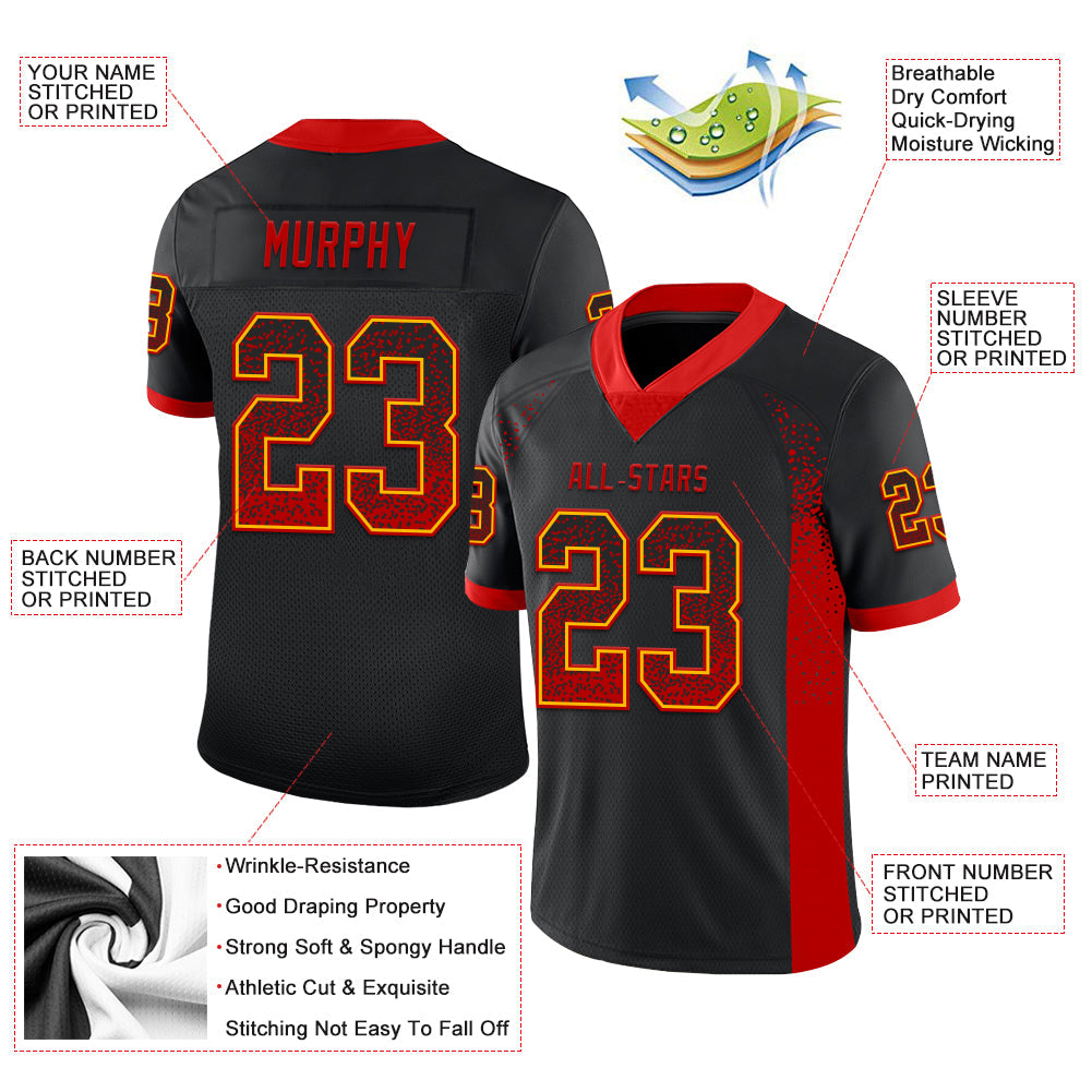 Custom Black Red-Gold Mesh Drift Fashion Football Jersey - Sky-Custom