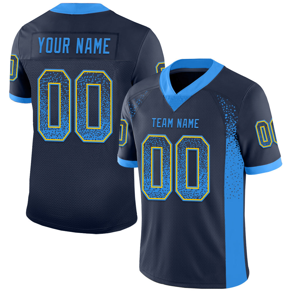 Custom Navy Powder Blue-Yellow Mesh Drift Fashion Football Jersey - Sky-Custom