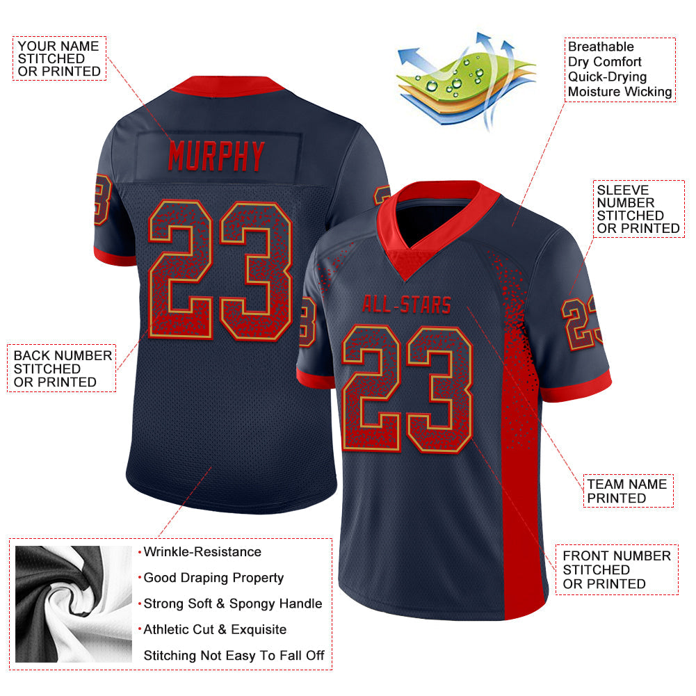Custom Navy Red-Old Gold Mesh Drift Fashion Football Jersey - Sky-Custom