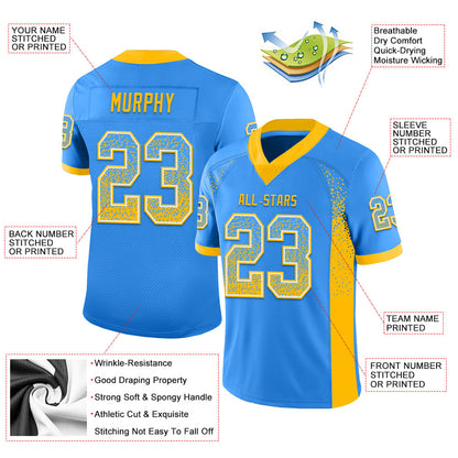 Custom Powder Blue Gold-White Mesh Drift Fashion Football Jersey - Sky-Custom