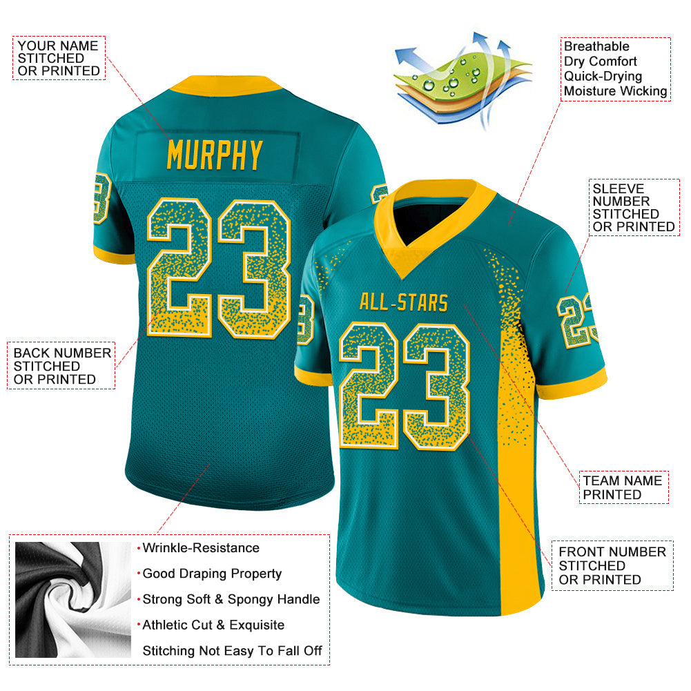 Custom Teal Gold-White Mesh Drift Fashion Football Jersey - Sky-Custom
