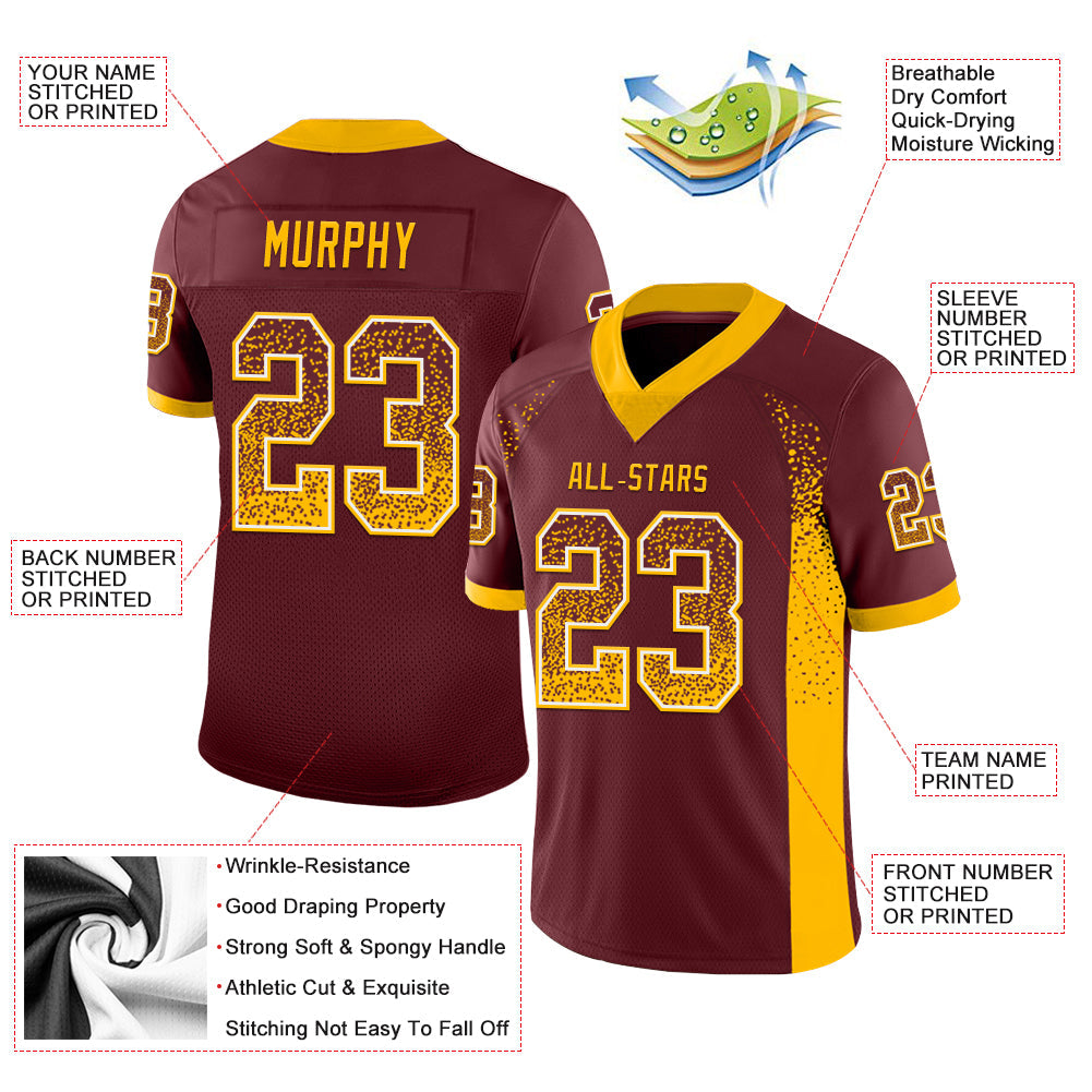 Custom Burgundy Gold-White Mesh Drift Fashion Football Jersey - Sky-Custom