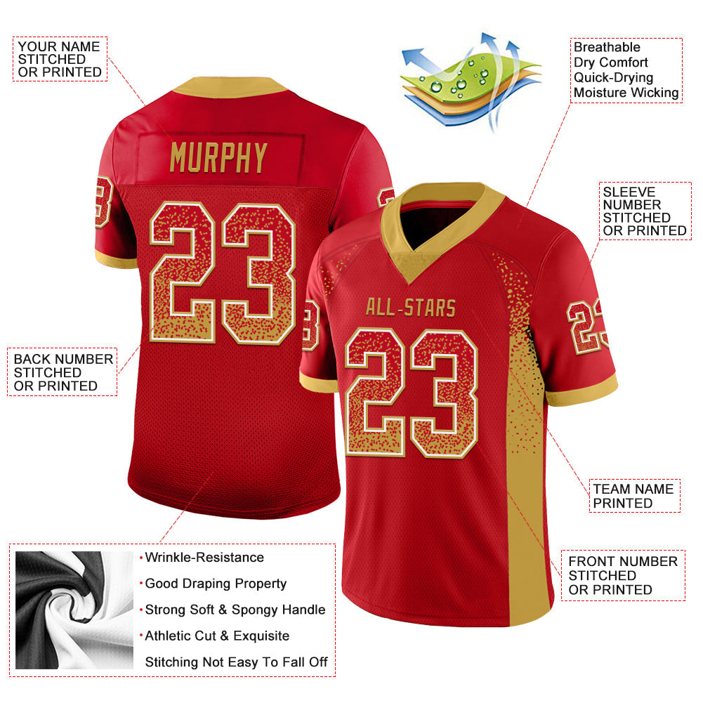 Custom Red Old Gold-White Mesh Drift Fashion Football Jersey - Sky-Custom