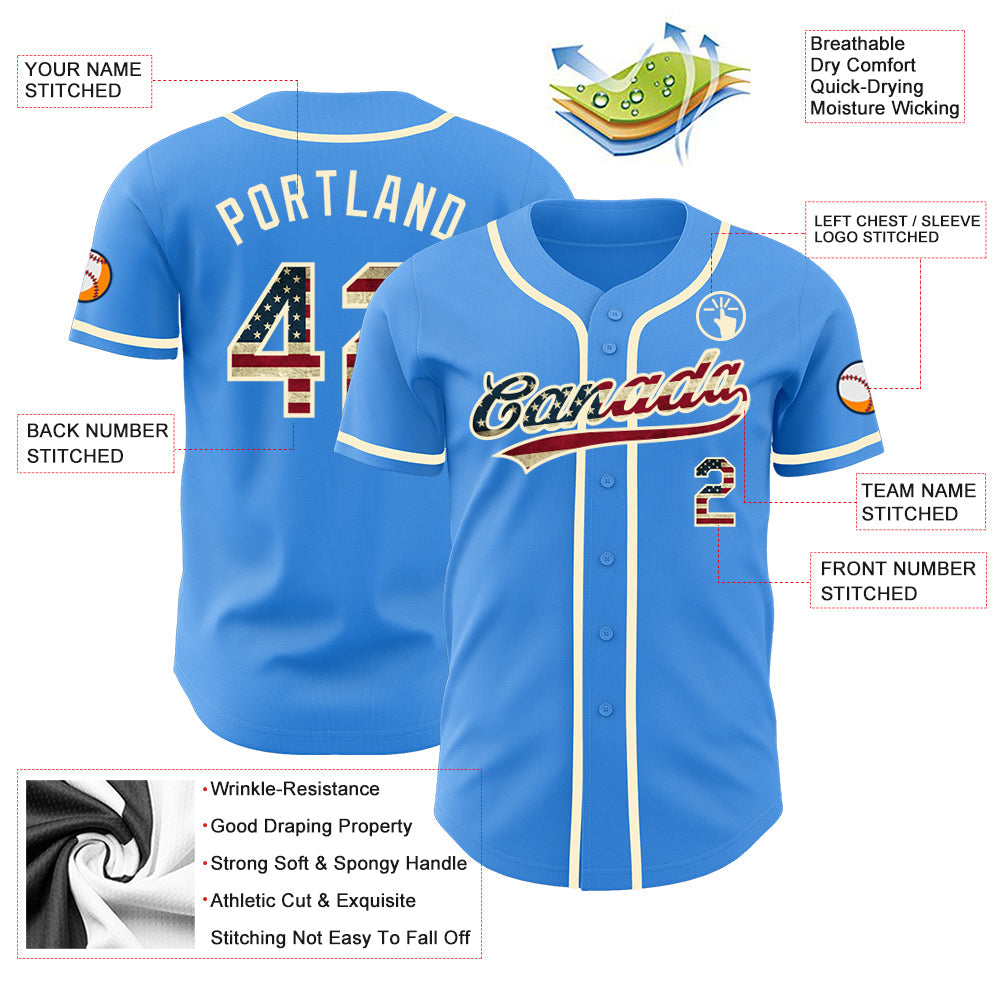 Custom Electric Blue Vintage USA Flag-Cream Authentic Baseball Jersey - Sky-Custom
