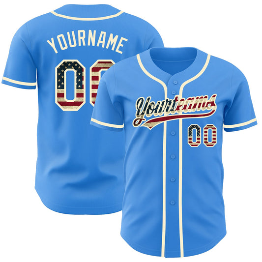 Custom Electric Blue Vintage USA Flag-Cream Authentic Baseball Jersey - Sky-Custom