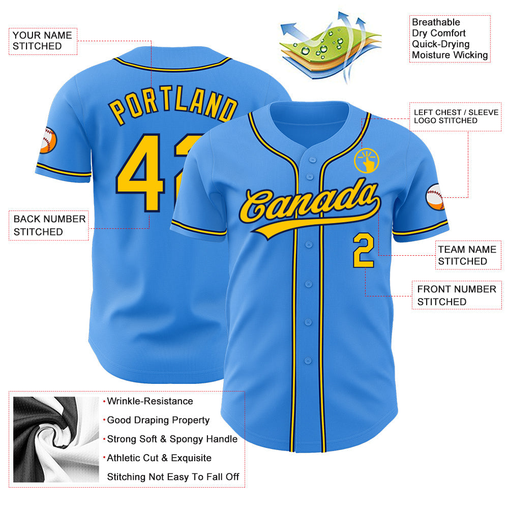 Custom Electric Blue Yellow-Navy Authentic Baseball Jersey - Sky-Custom