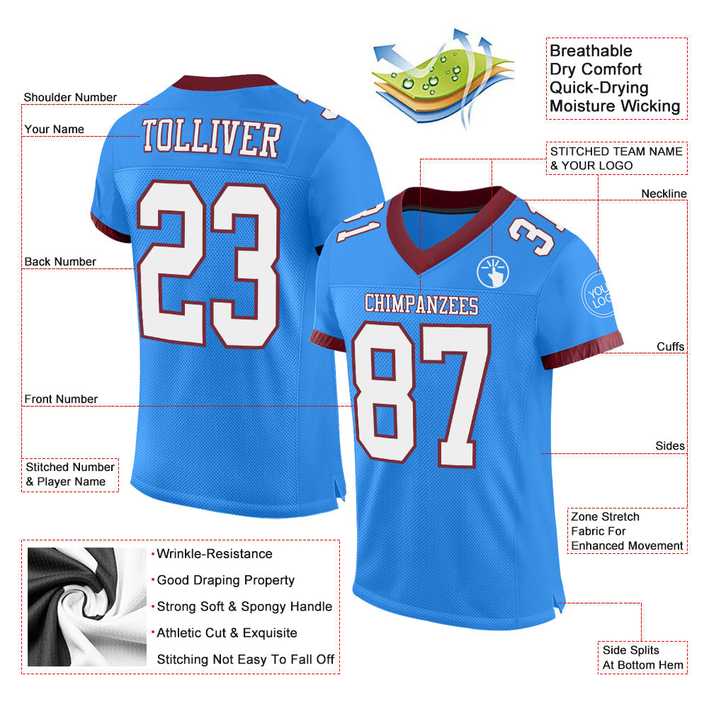 Custom Powder Blue White-Burgundy Mesh Authentic Football Jersey - Sky-Custom