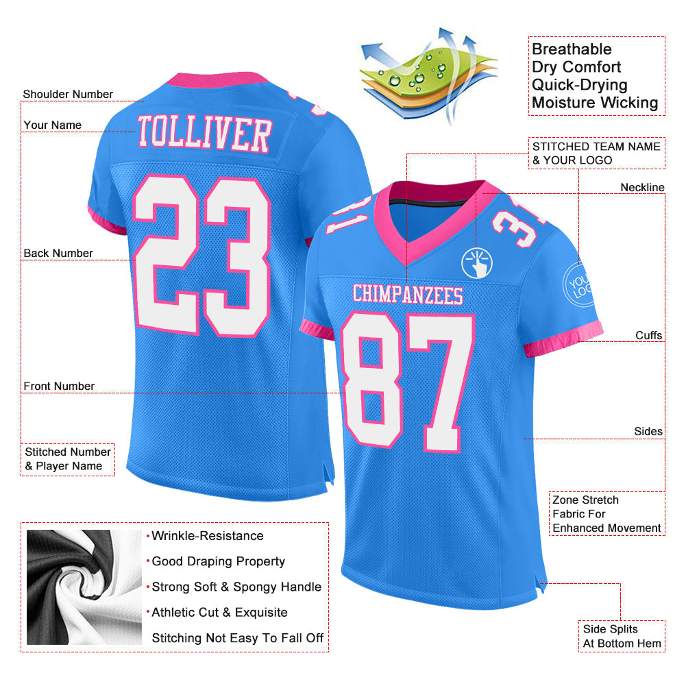 Custom Powder Blue White-Pink Mesh Authentic Football Jersey - Sky-Custom