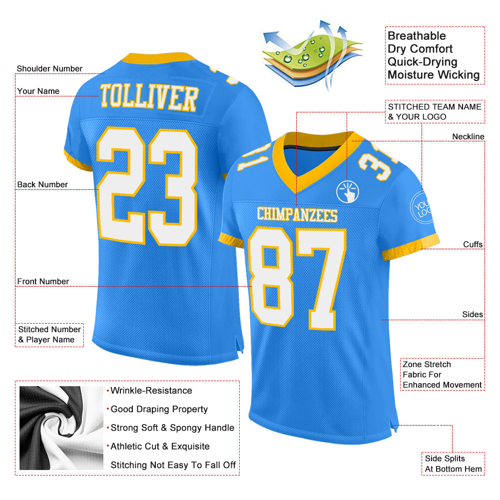 Custom Powder Blue White-Gold Mesh Authentic Football Jersey - Sky-Custom