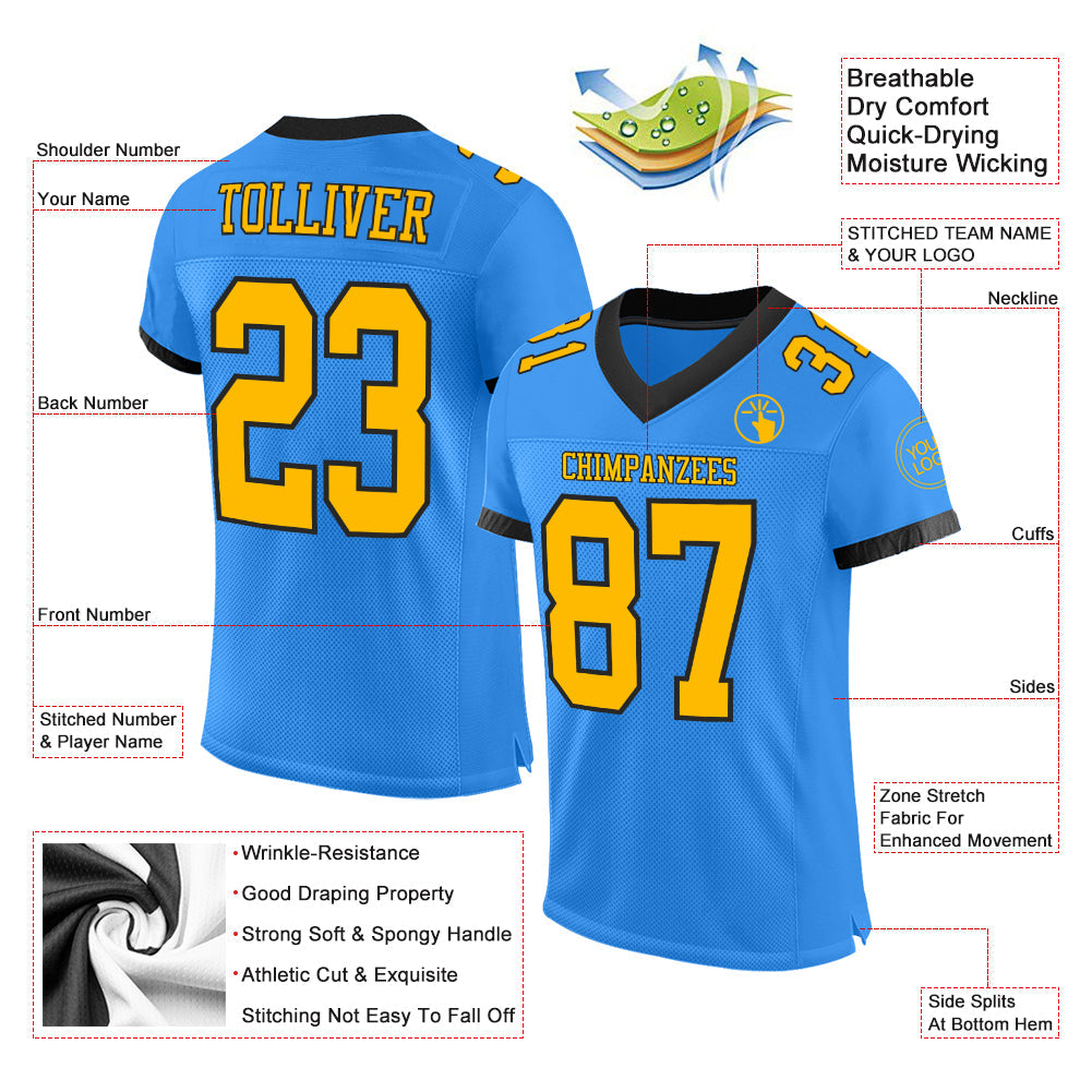 Custom Powder Blue Gold-Black Mesh Authentic Football Jersey - Sky-Custom