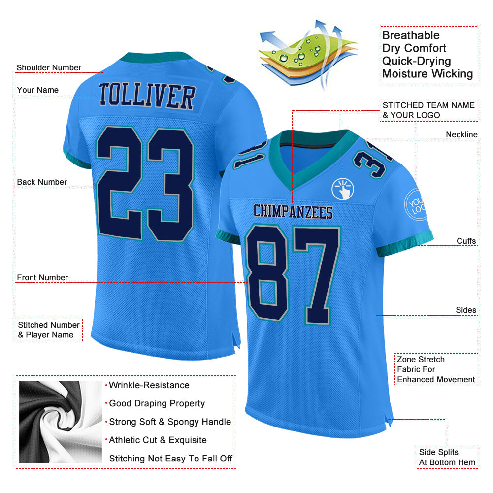 Custom Powder Blue Navy Gray-Teal Mesh Authentic Football Jersey - Sky-Custom